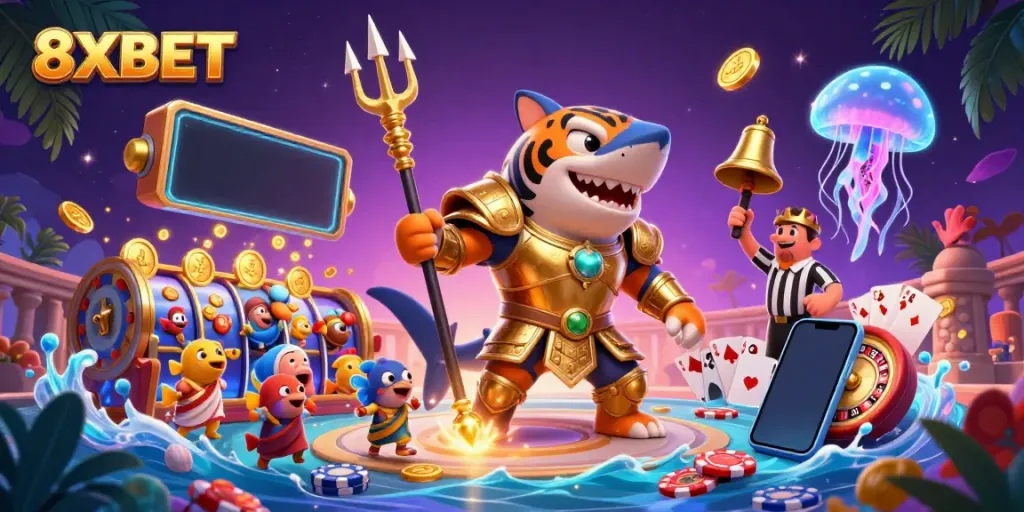 Engaging 3D artwork featuring 8XBET with a tiger shark character and casino elements in a lively underwater scene.