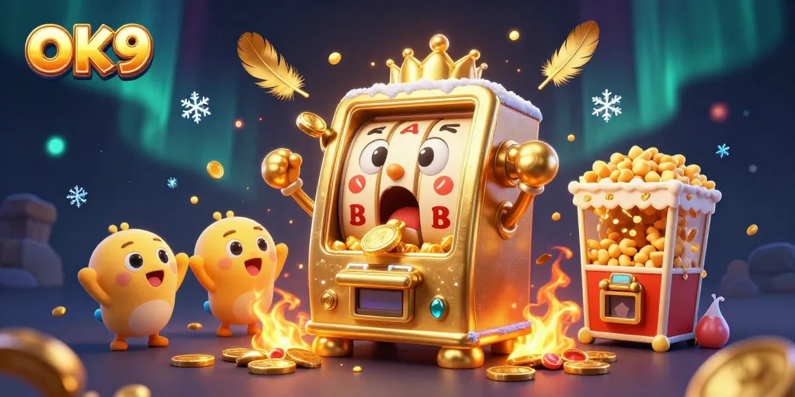 OK9 slot machine celebrating a jackpot win with coins pouring out, featuring vibrant casino elements.