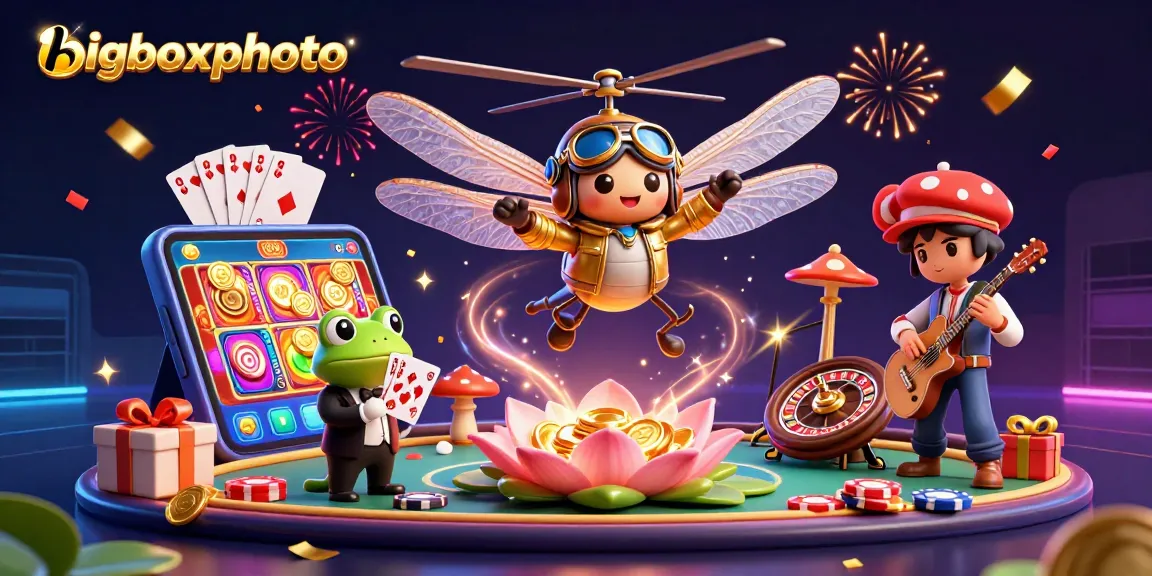 bigboxphoto showcases a vibrant casino scene with a dragonfly pilot, frog dealer, and musical crickets.