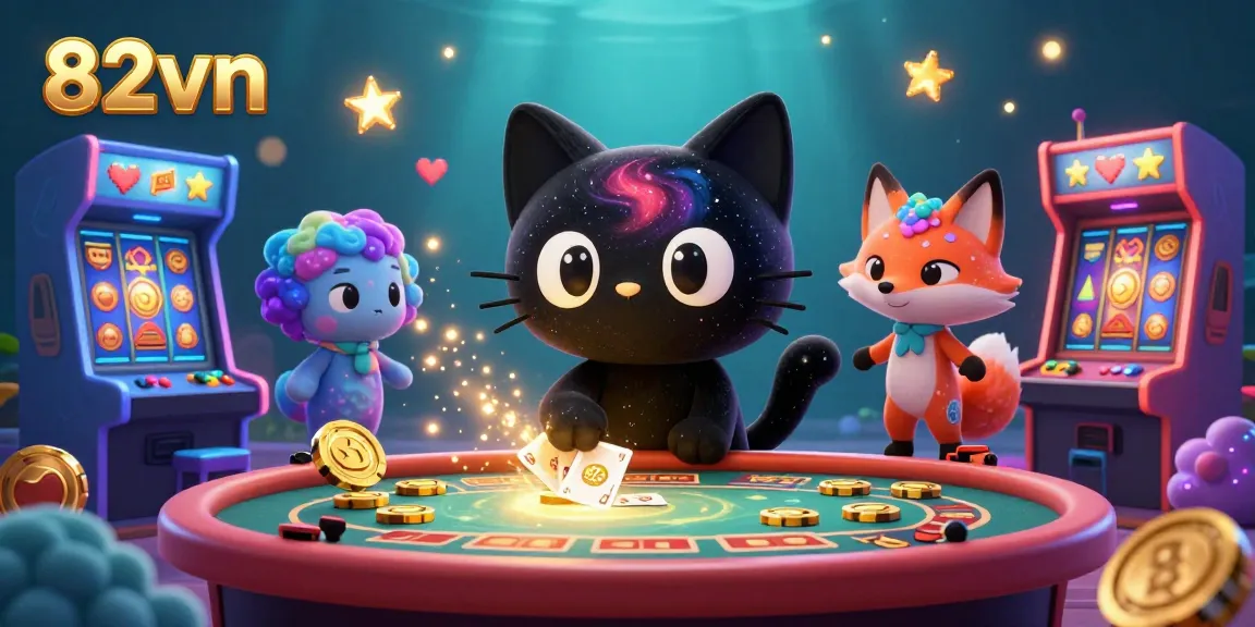 Experience thrilling slots and gaming action with 82vn at a cosmic casino table with vibrant characters.