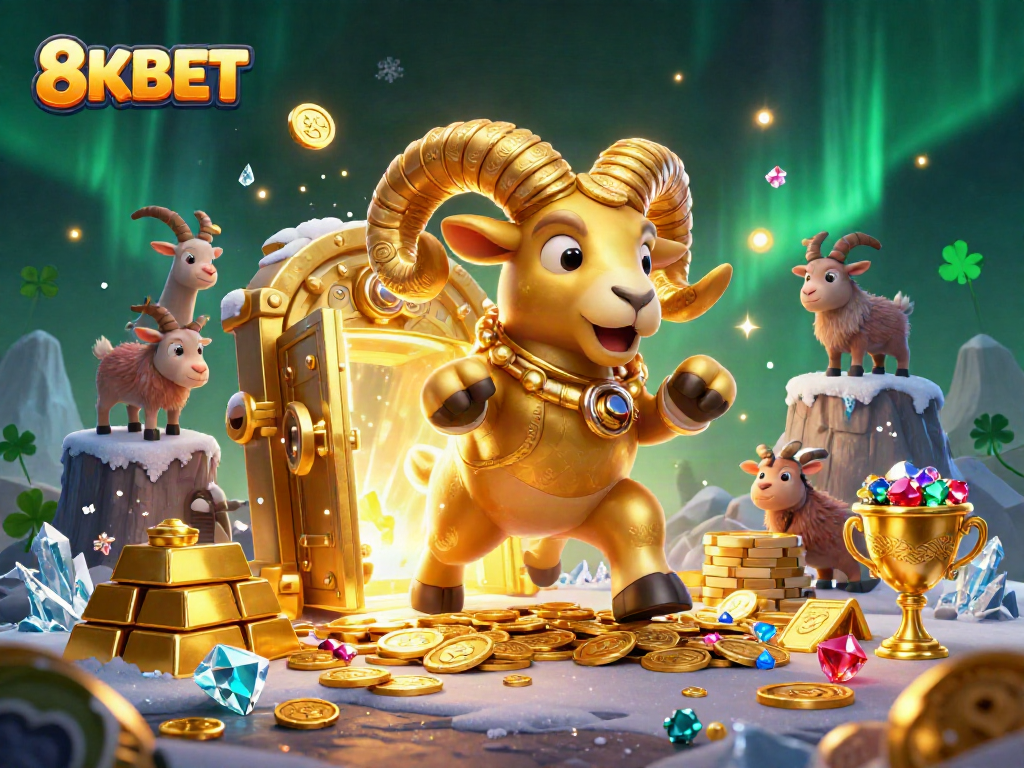 Experience exciting gameplay at 8KBET, featuring a dynamic golden ram and treasures in a vibrant casino scene.