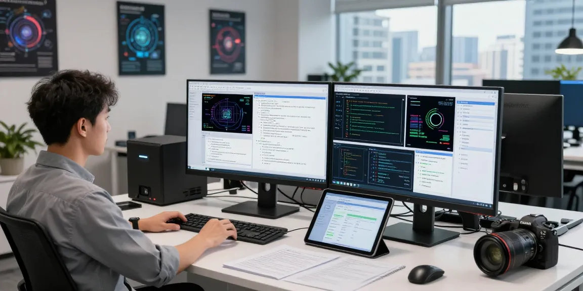 Data scientist detecting AI image content in a modern tech office.