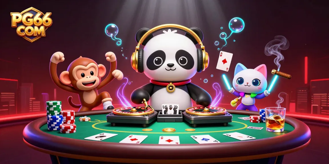 Experience vibrant fun in PG66 COM with casino characters in a dynamic gambling-themed scene.
