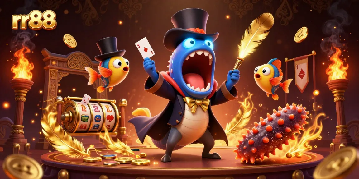 rr88 features a vibrant 3D gambling-themed illustration of a gulper eel magician performing tricks amidst gold coins and ember particles.