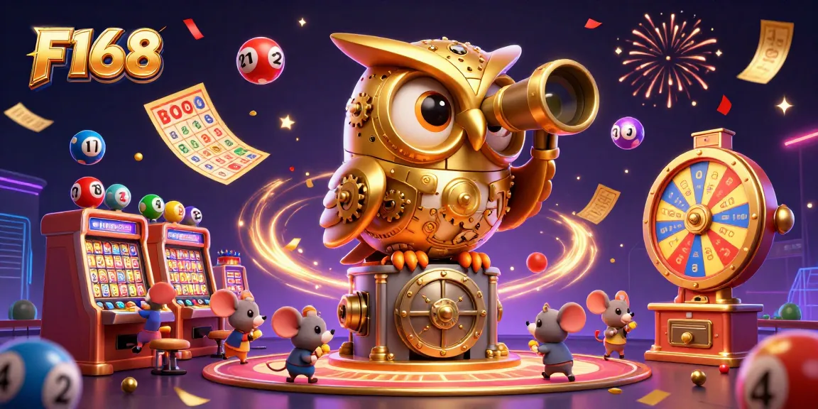 Engage with F168’s captivating gaming scene featuring a clockwork owl, vibrant slots, and dynamic elements.