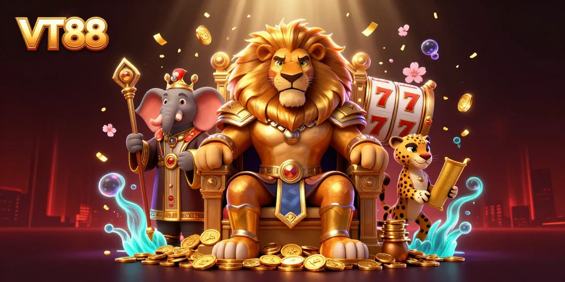 VT88 the fierce lion king presides over an online casino decorated with slot reels and gold coins
