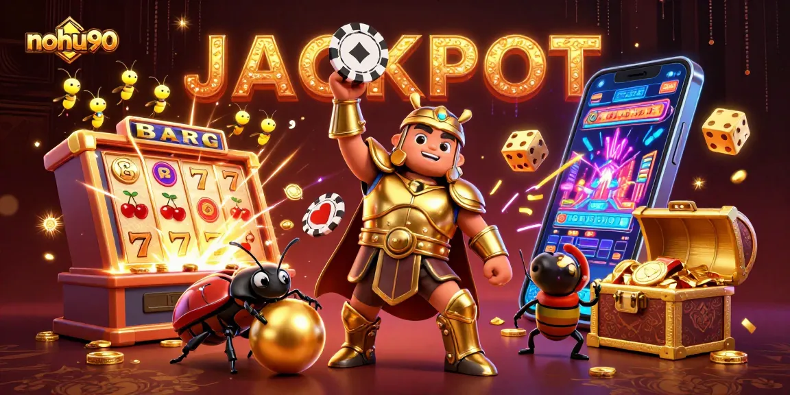 Nohu90 offers an exciting jackpot experience with vibrant casino game elements and characters in a rich 3D scene.
