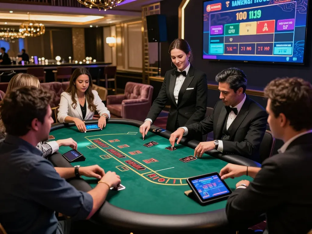 A live casino scene at https://ko66a.uk.com/ showcasing players engaging in Blackjack with professional dealers in a luxurious online gaming environment.