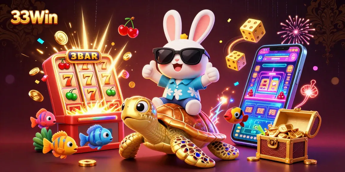 Experience thrilling wins with 33Win featuring a cartoon rabbit and turtle in a vibrant casino scene.