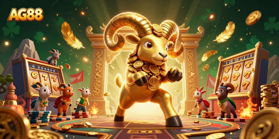 AG88 features a golden ram charging through a dynamic gaming arena filled with lucky symbols and tokens.