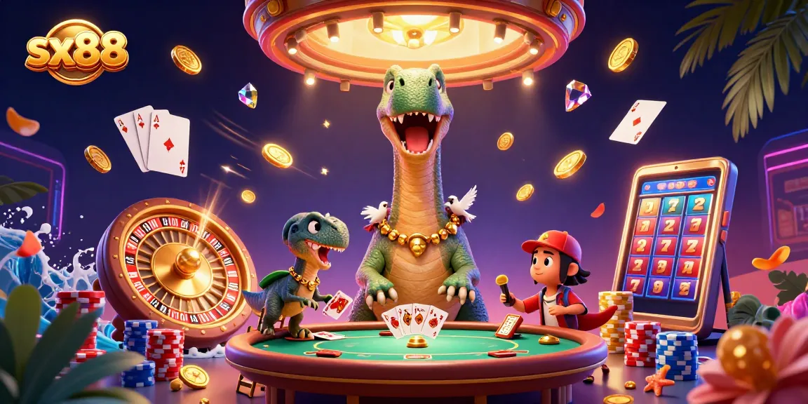 Experience the excitement of gameplay with sx88 as colorful poker chips and cards surround a giant brontosaurus in this vibrant casino scene.