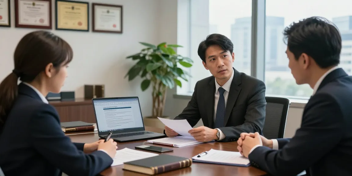 Criminal lawyer discussing case details, he said, with a client in a modern office.