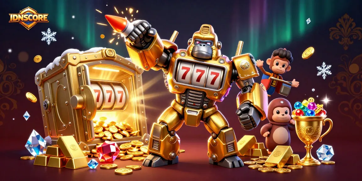 IDNSCORE unleashes the thrill of slots featuring a golden gorilla mech, jackpots, and riches.