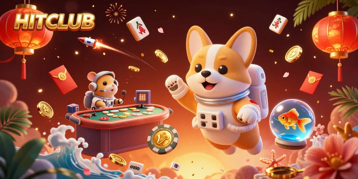 Experience HITCLUB's thrilling space casino with the astronaut corgi amidst floating poker chips and gold coins.