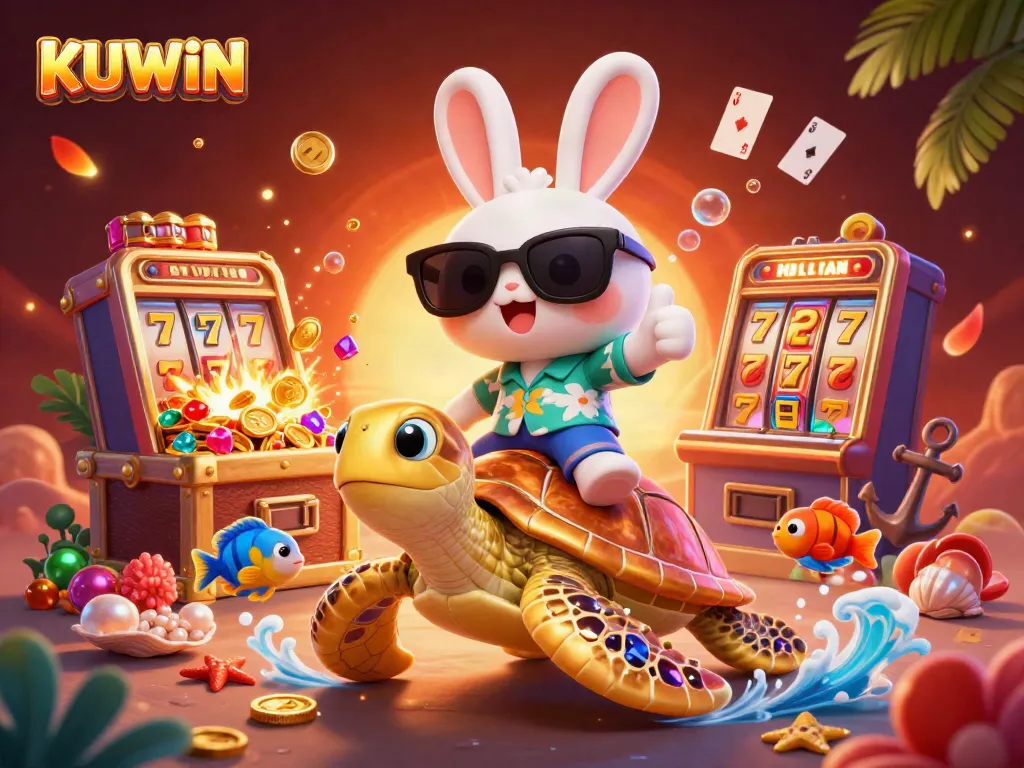 Experience the excitement of KUWIN with a lively illustration showcasing a lucky rabbit riding a golden sea turtle amidst casino elements.