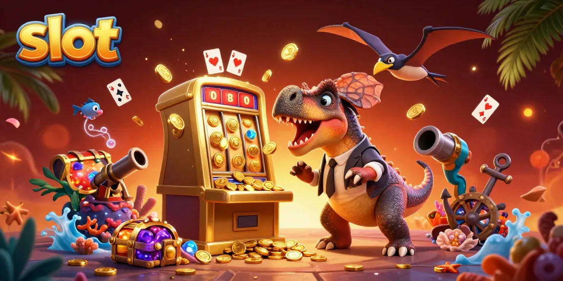 Slot mengeluarkan koin jackpot saat karakter dino melakukan headbutt pada mesin slot.