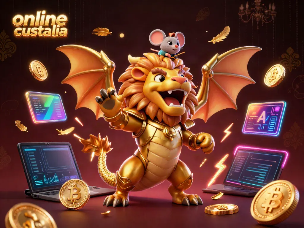 Experience the thrill of online craps Australia with a vibrant 3D chimera creature and crypto elements.