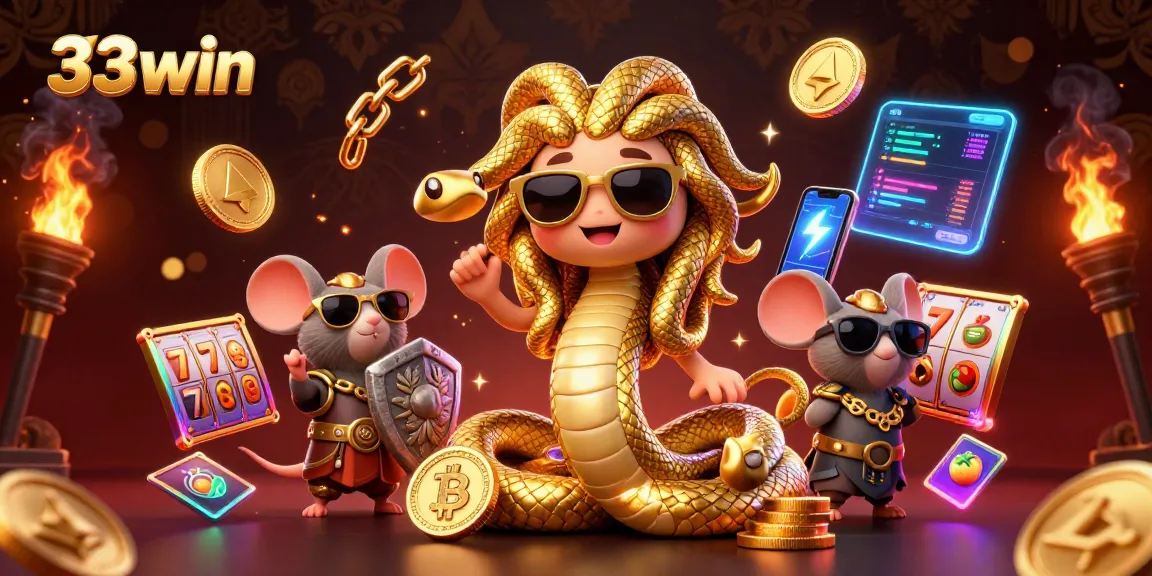 Experience thrilling gameplay with 33win as players encounter Medusa and a warrior mouse surrounded by casino elements.