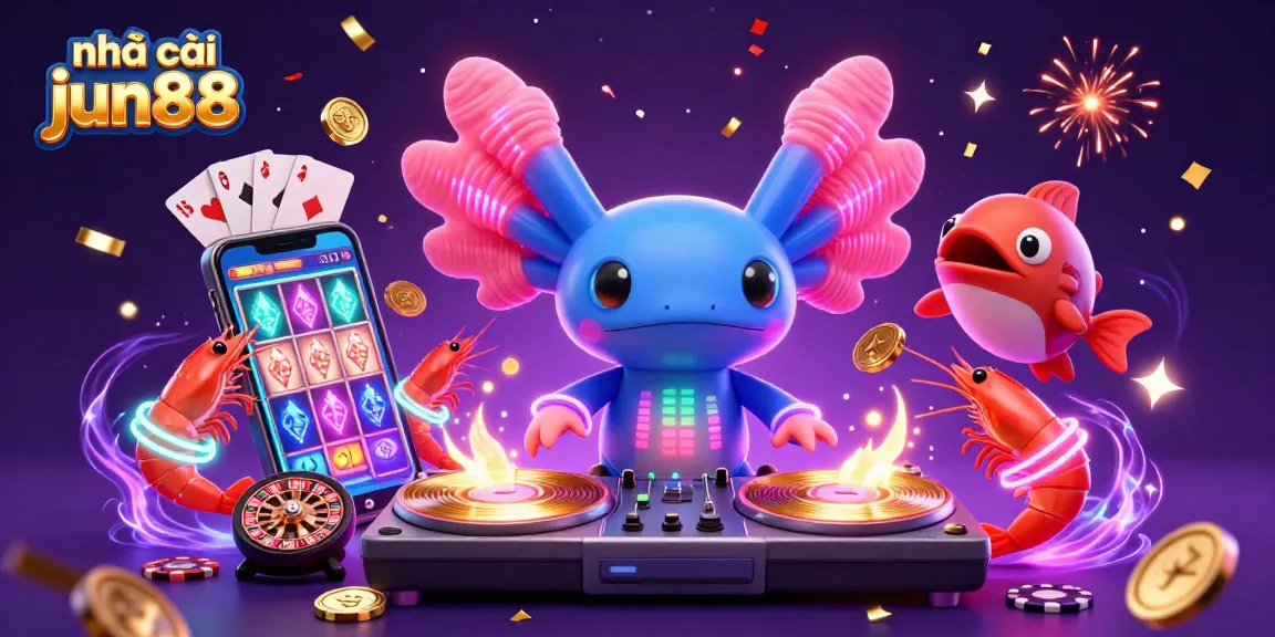 Experience excitement at nhà cái jun88 with colorful gambling-themed characters enjoying casino games and rewards.