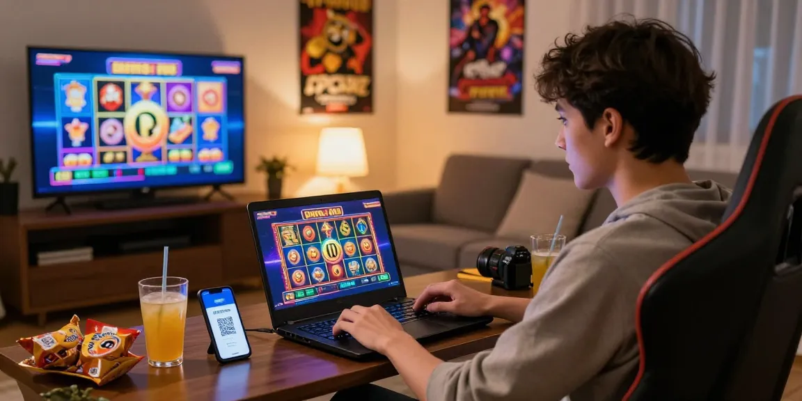 Engaging slot depo 1000 gaming scene with player enjoying online slots and QRIS payment options in cozy living room.
