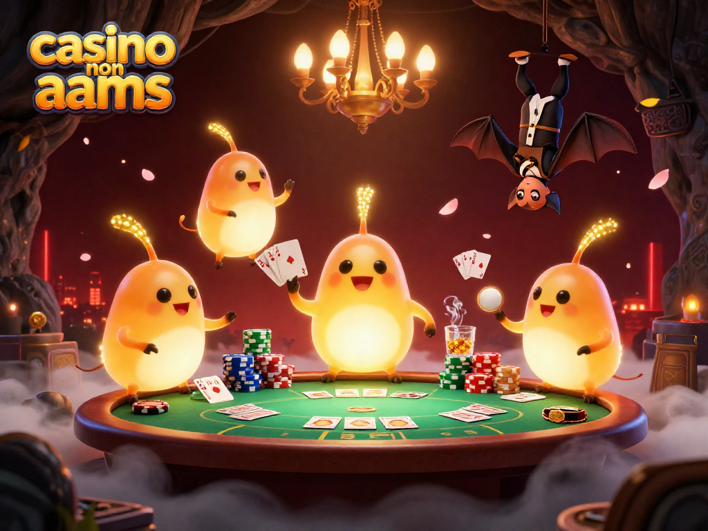 Giocatori nei casinò non AAMS illuminati da vermi luminosi, con tavolo poker e fiches colorate.