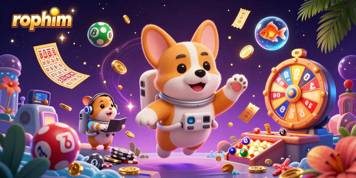 Explore rophim in a vibrant casino scene with a corgi astronaut playing among floating lottery balls.