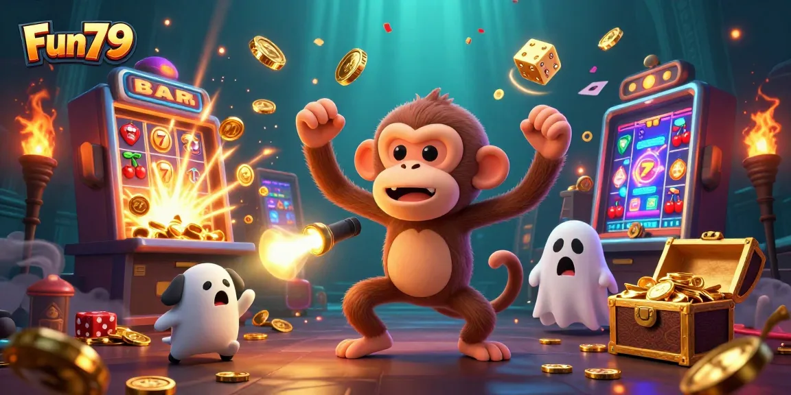 Experience the vibrant Fun79 casino adventure with poltergeist monkey juggling treasures and a ghost-hunter puppy.