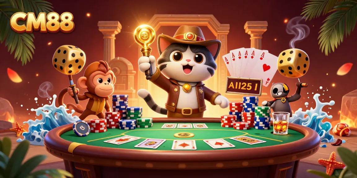 Engage in thrilling gameplay at CM88 with a cat archaeologist uncovering casino treasures amidst poker elements.