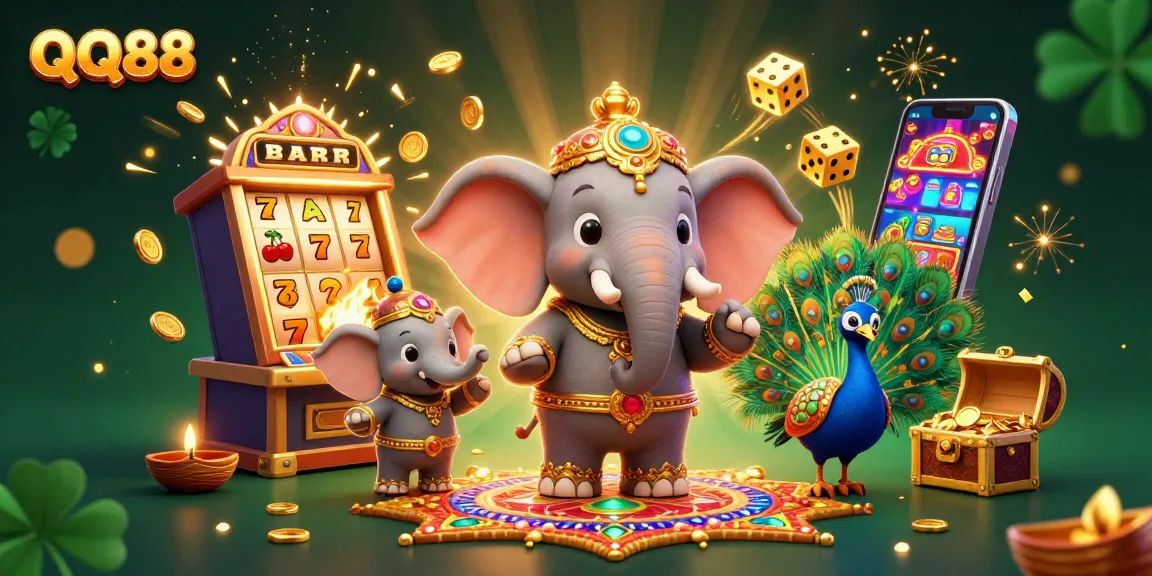 Experience the thrill of QQ88 with a vibrant party scene featuring jubilant characters and a jackpot explosion.