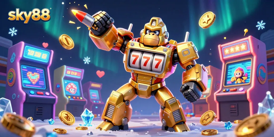 Sky88 unleashes excitement with a golden gorilla mech championing thrilling slot games.