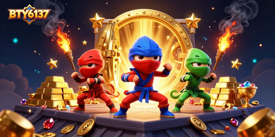 Engage in BTY6137 tactics with vibrant ninja chameleons amidst treasure in a casino scene.