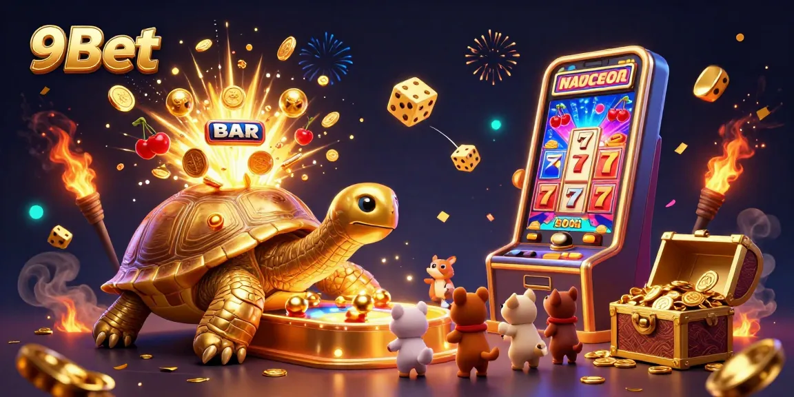 Experience thrilling gaming at 9Bet with a vibrant illustrated scene full of jackpots and excitement.