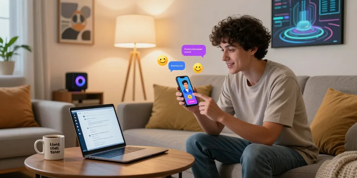 Engaging hot chat ai interaction in a cozy living room setting with smartphone and vibrant chat bubbles.