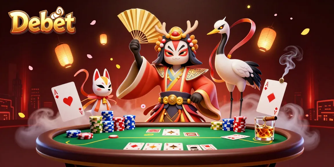 Debet showcases a dynamic poker scene with a kabuki warrior and kitsune characters.