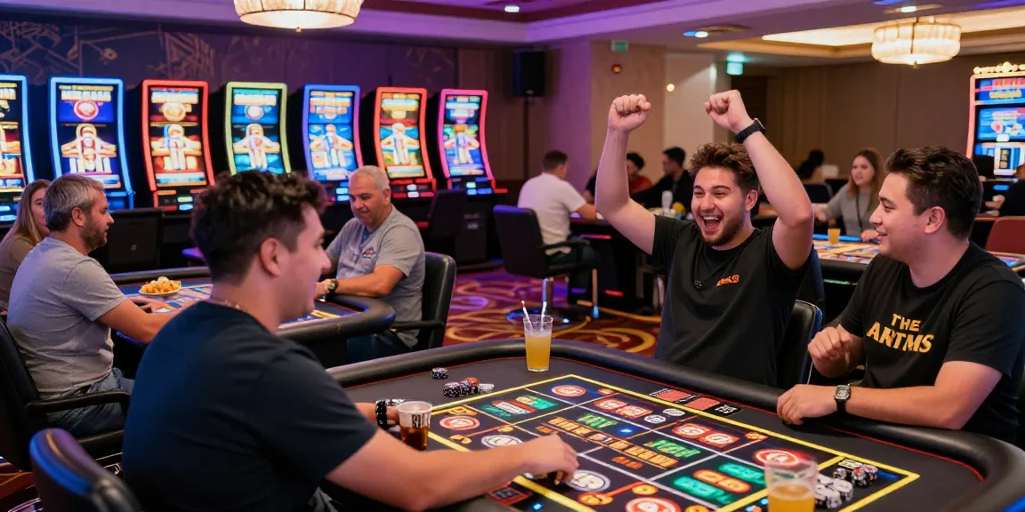 Giocatori entusiasti che celebrano vittorie in un casinò non AAMS, tavoli da gioco e luci vivaci.