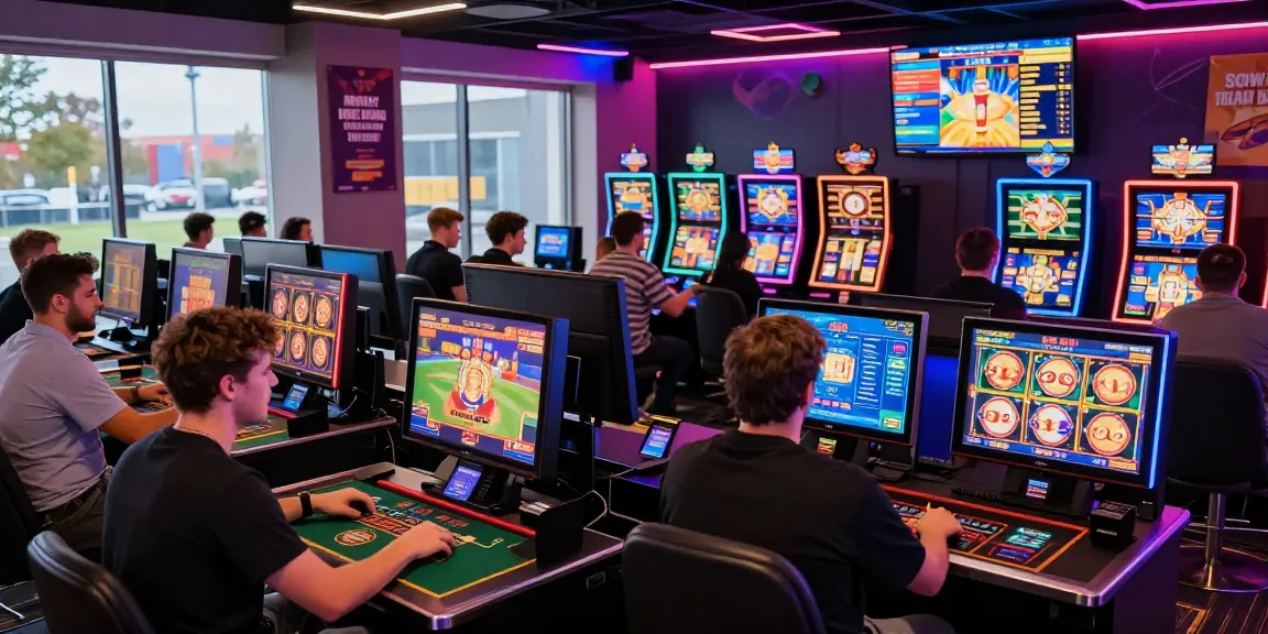 Exciting scene of players at a non UK casino engaging in games on various devices, showcasing vibrant gaming environment.