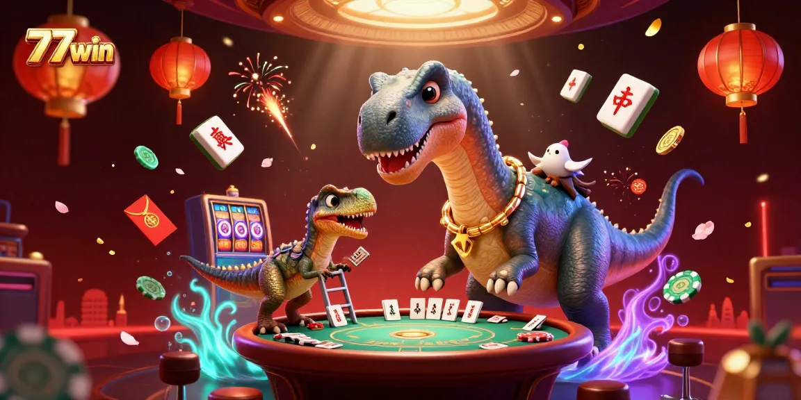 Experience thrilling gameplay with 77win, as a brontosaurus looms over an enchanting casino scene full of excitement.