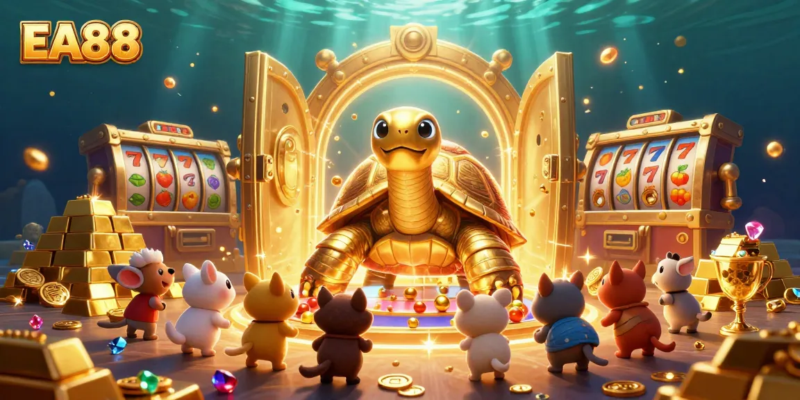 Experience the excitement of EA88 with a vibrant illustration featuring a colossal golden tortoise in a casino setting.