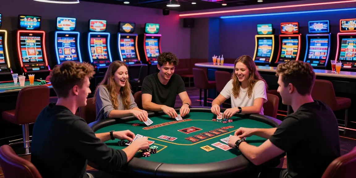 Exciting gameplay at credit card casinos UK with young adults enjoying blackjack in a vibrant lounge.