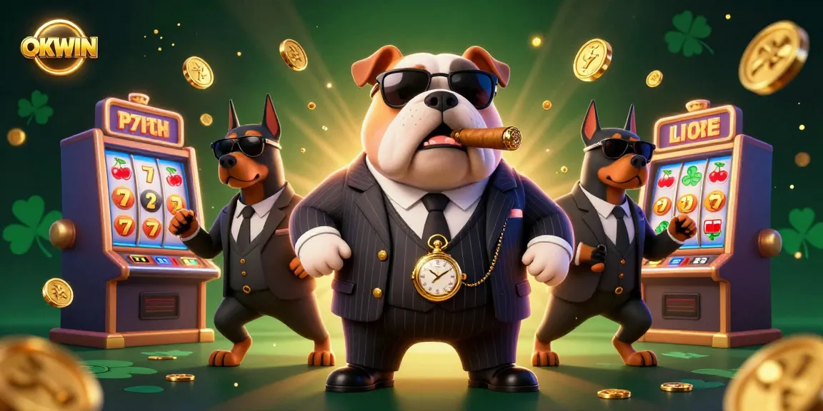 Experience thrilling fun with OKWIN in this vibrant casino scene featuring a bulldog mafia boss.