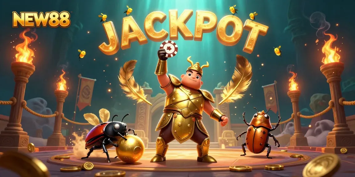 Experience the excitement of NEW88 with a dynamic 3D illustration showcasing winning moments in a vibrant casino atmosphere.