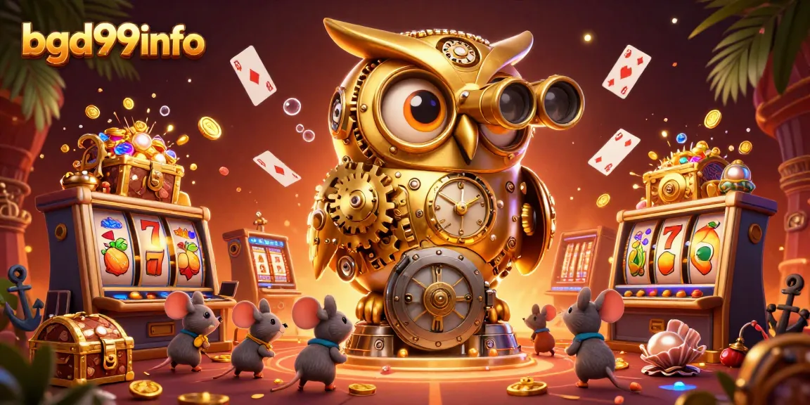Experience immersive gaming at bgd99info featuring a whimsical clockwork owl and slot machines.