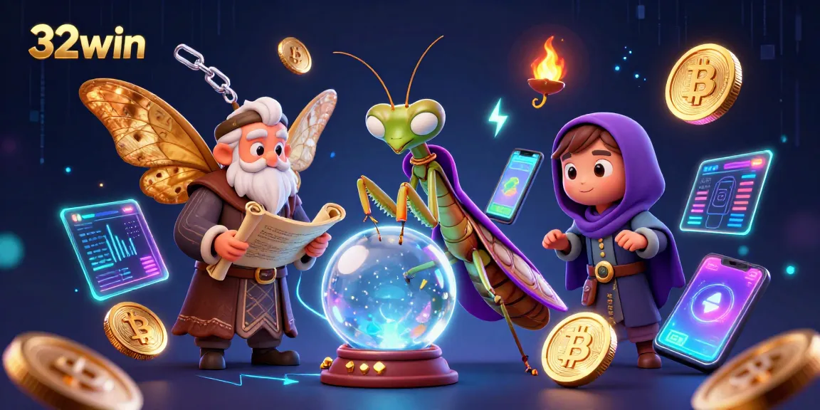 Engage with 32win's thrilling entertainment through a mystical 3D illustration featuring a fortune teller and moth librarian.
