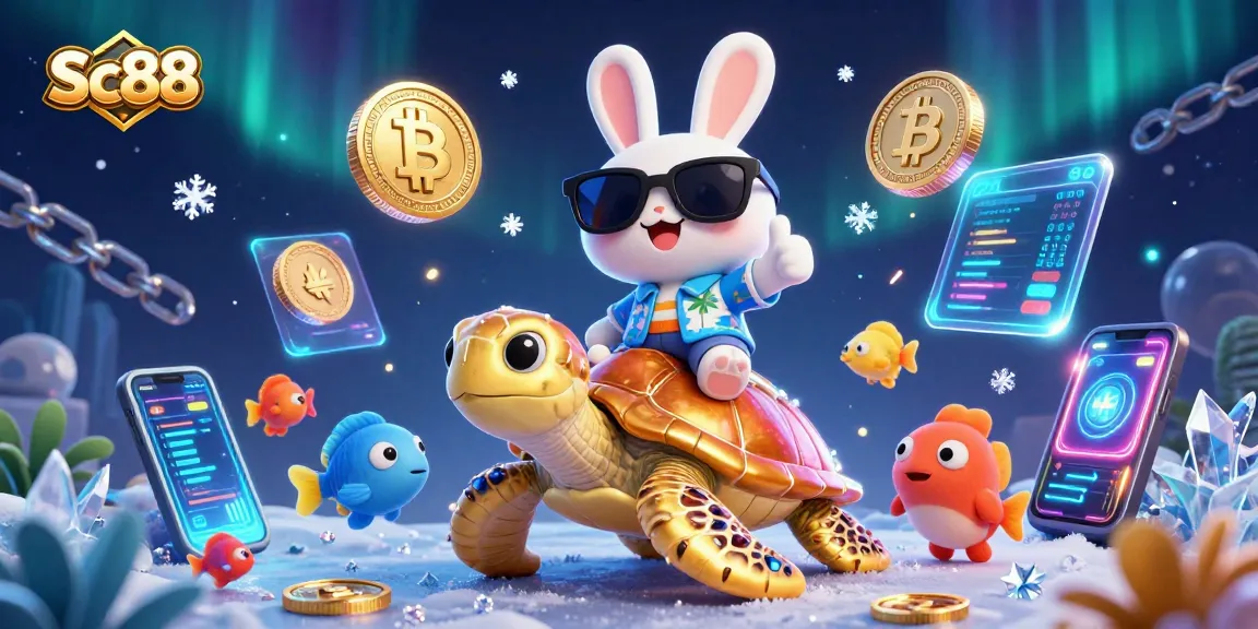 Engage with Sc88's thrilling experience, featuring a lucky rabbit and a golden turtle in a vibrant casino scene.