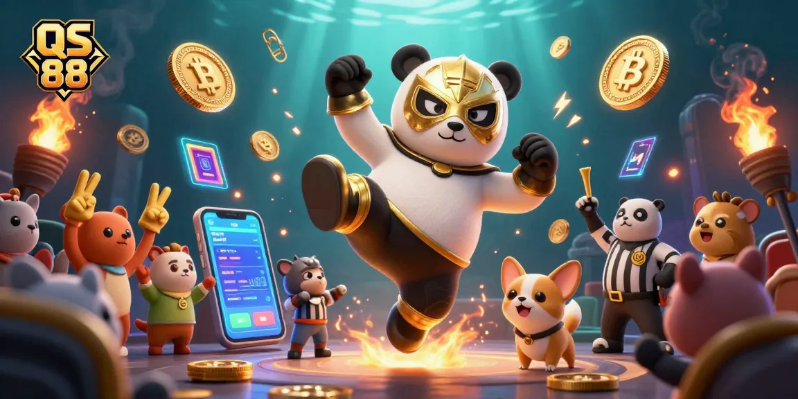 Engage with QS 88’s dynamic gaming scene featuring a flying kick panda amidst crypto excitement.