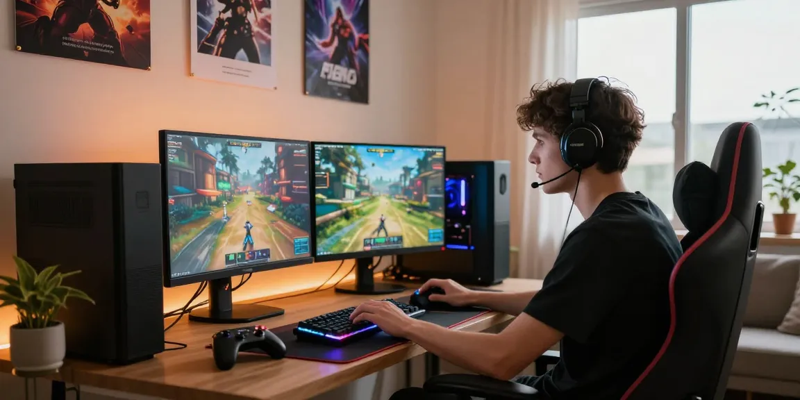 Gamer immersed in gameplay on a dual monitor setup, showcasing the vibrant gaming experience around rikvip.