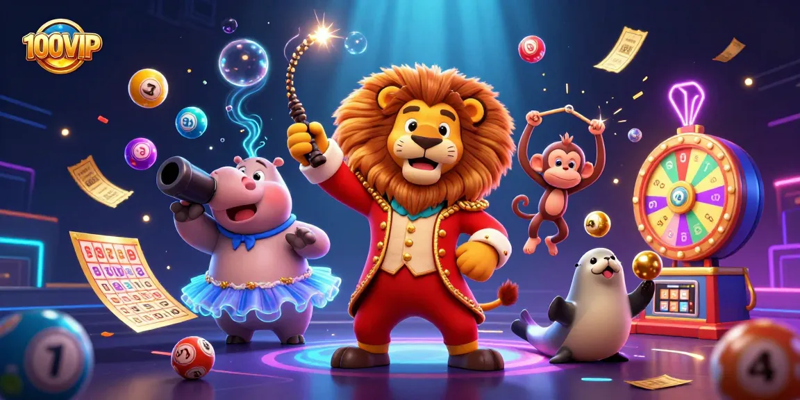 Experience the vibrant action of 100VIP with a dynamic circus-themed casino scene, packed with energy and excitement.
