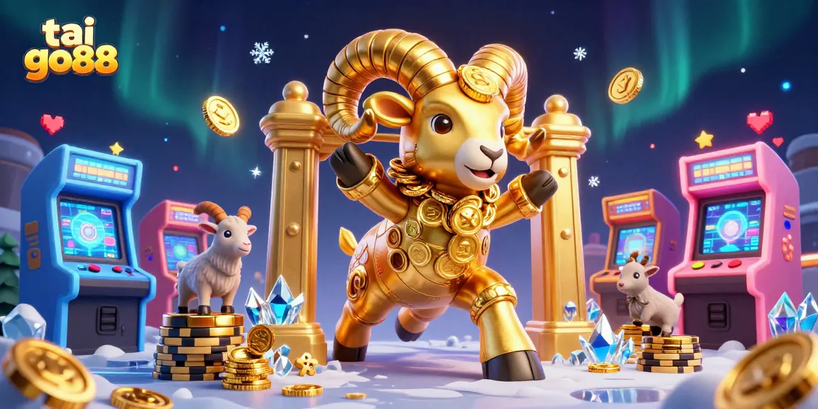 Tai go88 showcases a vibrant 3D casino scene featuring a golden ram amidst exciting game elements.