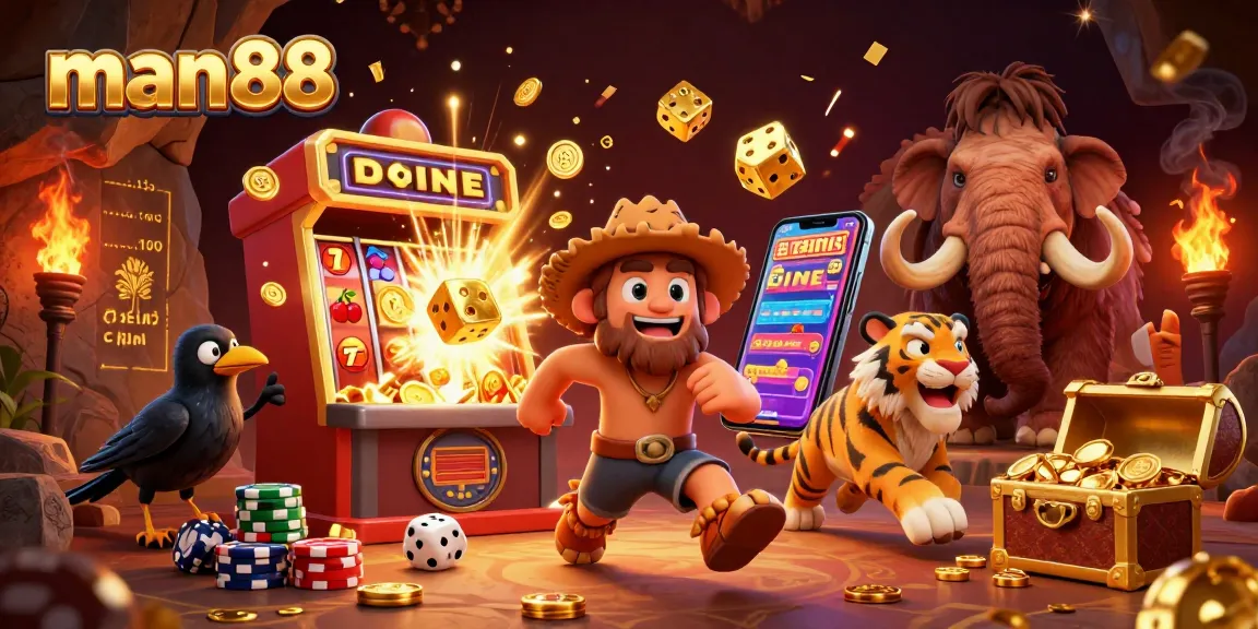 Experience man88's vibrant casino atmosphere with animated characters and jackpot excitement.