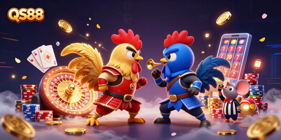 Experience the excitement of QS88 as cartoon roosters battle amidst casino riches.